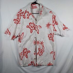 Tommy Bahama Men’s XL Hawaiian Shirt Red Hibiscus Palm Print White Rayon Casual